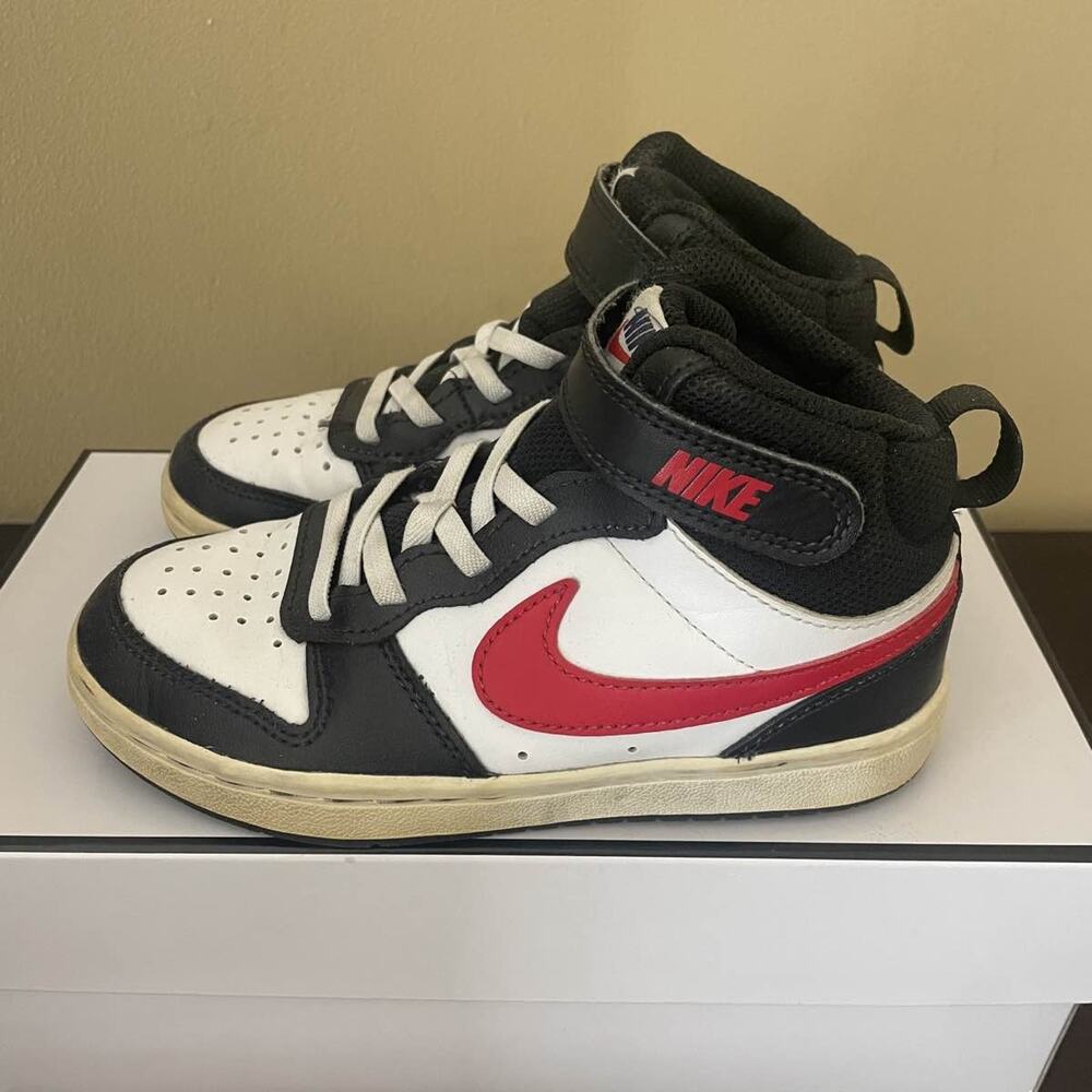 Nike Court Borough Mid 2 Toddler Black Red White Strap‎ Lace Up Shoes